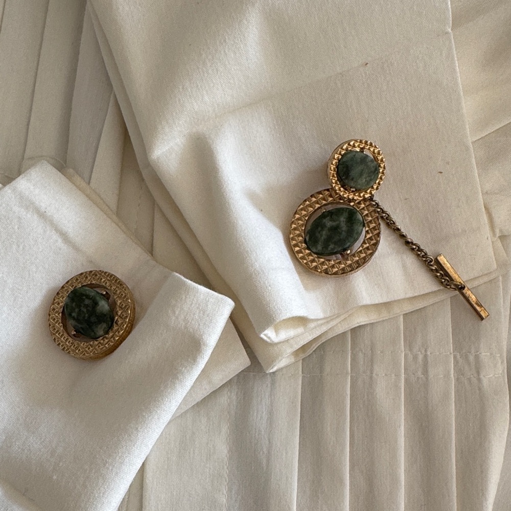 Vintage faux jade cuff link and tie tack set.
